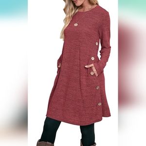Long Sleeve Button Side Tunic Casual Lightweight Sweater Dress, light red, xxl
